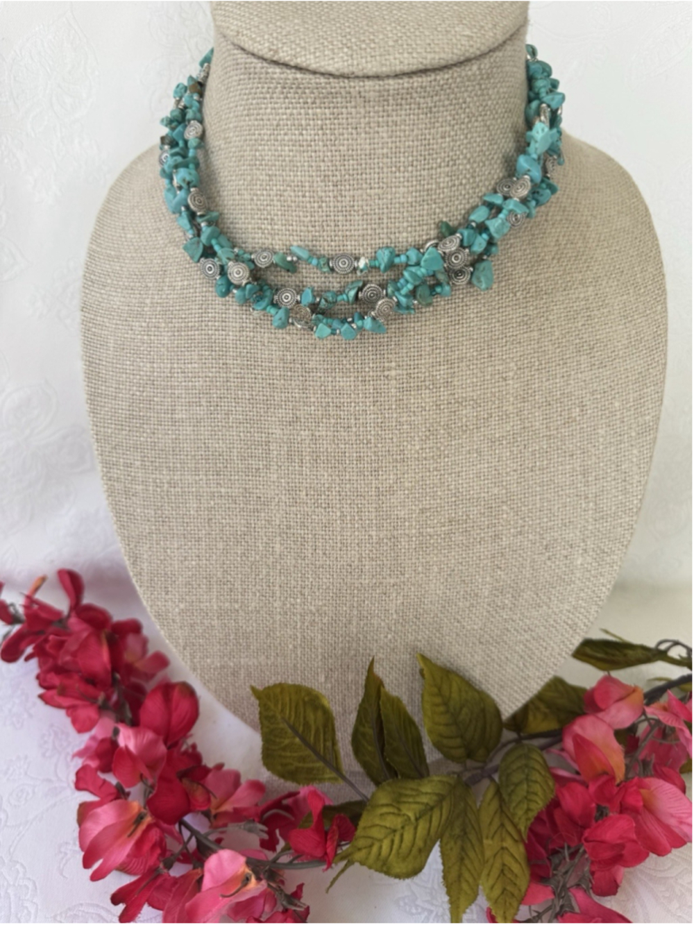 Multi Layer Turquoise Blue Silvertone Multistrand Beaded Necklace 15" Classic